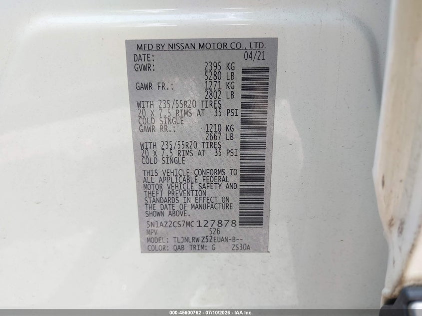 NISSAN MURANO 2021 VIN 5N1AZ2CS7MC127878
