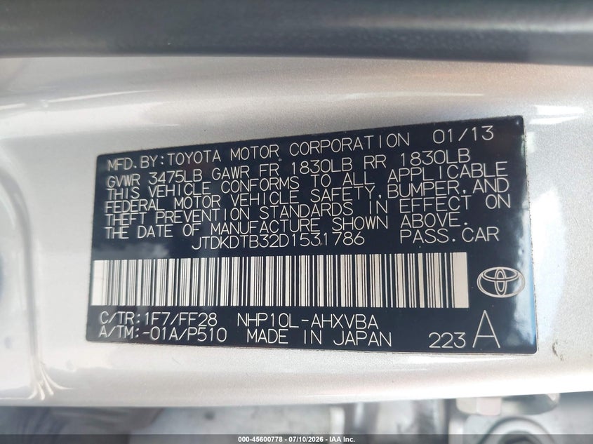 2013 Toyota Prius C Two VIN: JTDKDTB32D1531786 Lot: 45600778