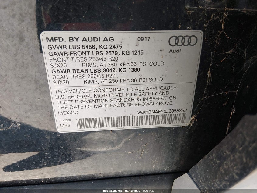 2018 Audi Q5 2.0T Premium VIN: WA1BNAFY0J2058333 Lot: 45600785