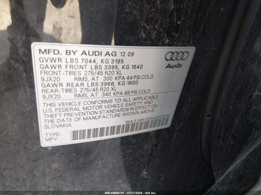 AUDI Q7 2010 VIN WA1LMAFE9AD003610