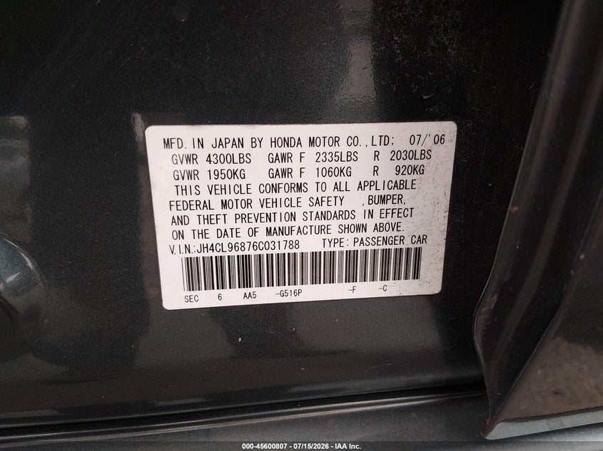 2006 Acura Tsx VIN: JH4CL96876C031788 Lot: 45600807