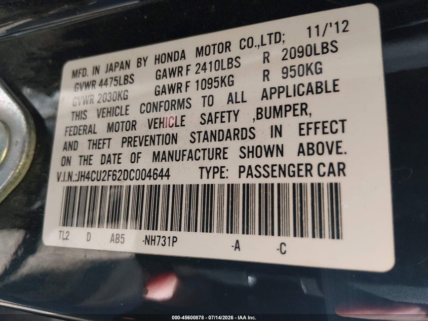 2013 Acura Tsx 2.4 VIN: JH4CU2F62DC004644 Lot: 45600878