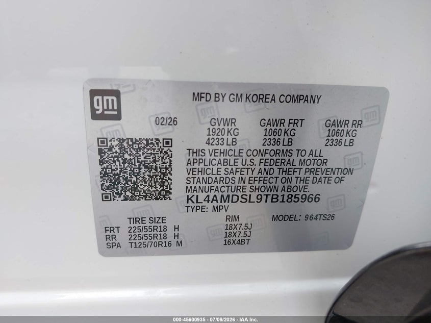 2026 Buick Encore Gx Sport Touring Fwd VIN: KL4AMDSL9TB185966 Lot: 45600935