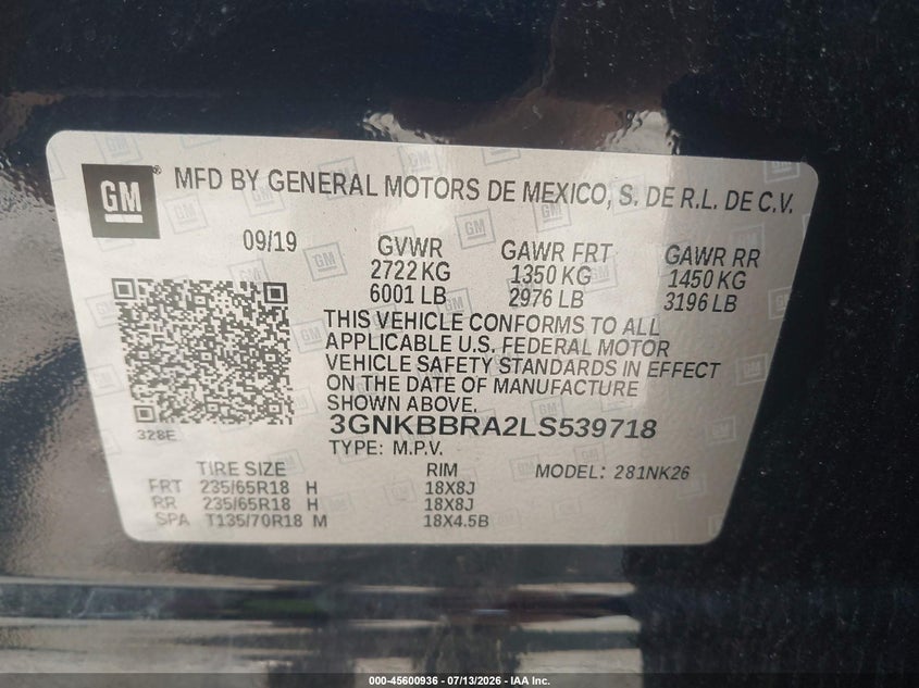 2020 Chevrolet Blazer Fwd 1Lt VIN: 3GNKBBRA2LS539718 Lot: 45600936