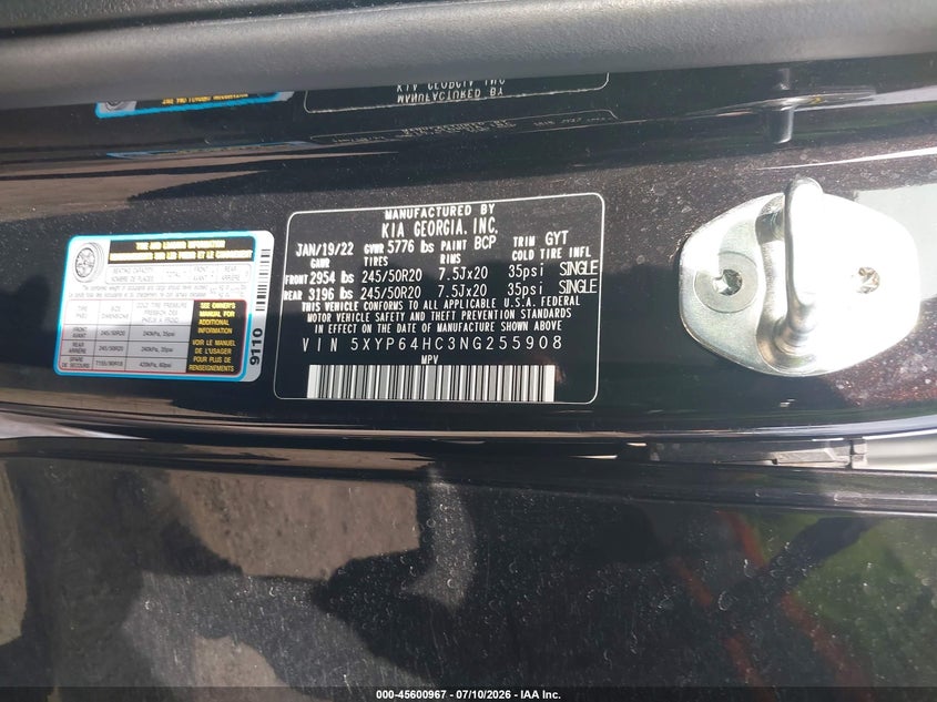 2022 Kia Telluride S VIN: 5XYP64HC3NG255908 Lot: 45600967