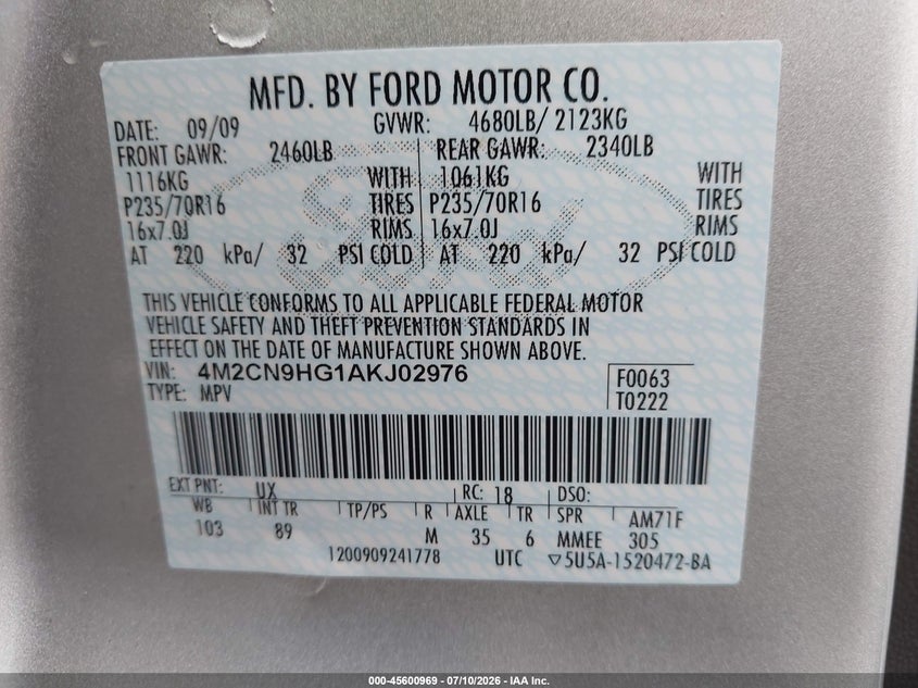 2010 Mercury Mariner Premier VIN: 4M2CN9HG1AKJ02976 Lot: 45600969