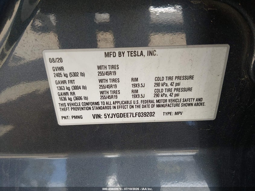2020 TESLA MODEL Y SPORT UTILITY VEHICLE ELECTRIC
