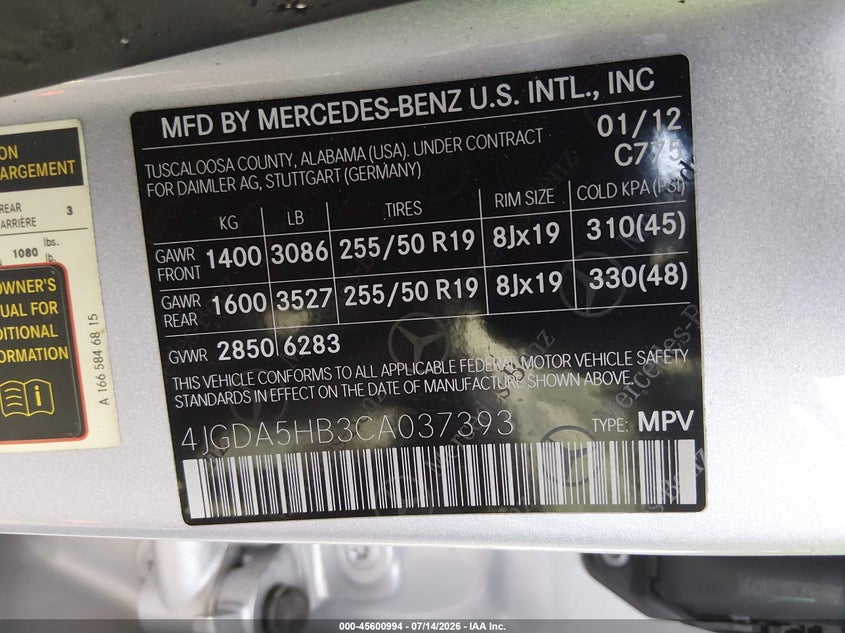 2012 Mercedes-Benz Ml 350 4Matic VIN: 4JGDA5HB3CA037393 Lot: 45600994
