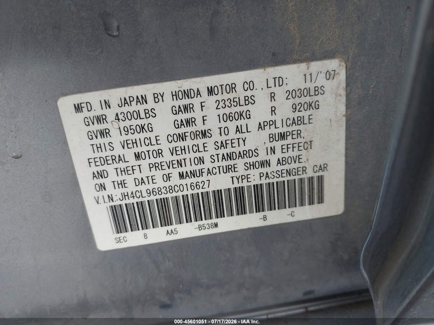 2008 Acura Tsx VIN: JH4CL96838C016627 Lot: 45601051