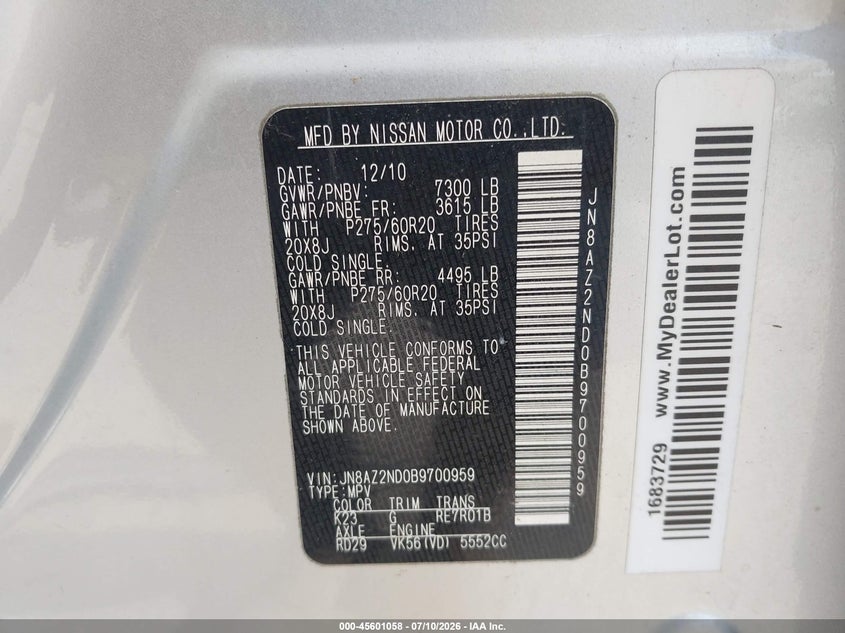 2011 Infiniti Qx56 VIN: JN8AZ2ND0B9700959 Lot: 45601058