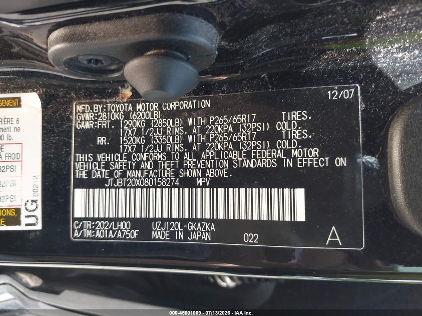 2008 Lexus Gx 470 VIN: JTJBT20X080158274 Lot: 45601069
