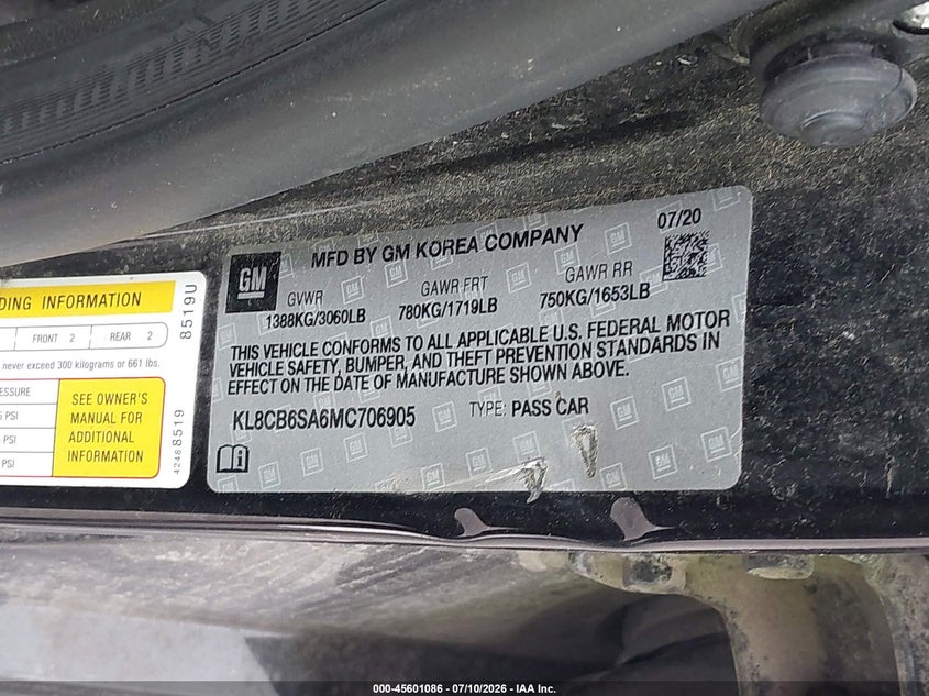 2021 Chevrolet Spark Fwd Ls Automatic VIN: KL8CB6SA6MC706905 Lot: 45601086