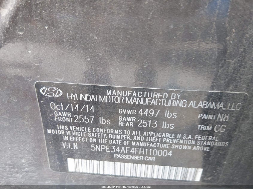 HYUNDAI SONATA 2015 VIN 5NPE34AF4FH110004