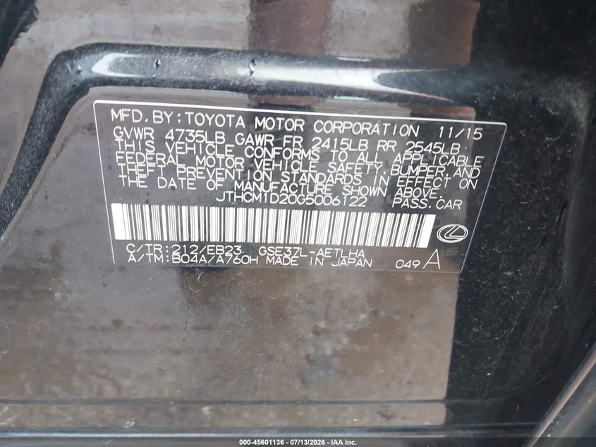 2016 Lexus Is 300 VIN: JTHCM1D20G5006122 Lot: 45601136