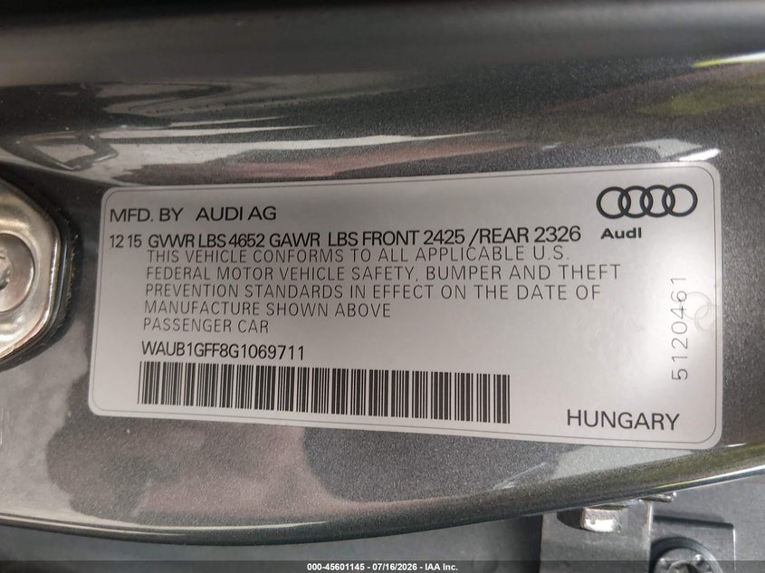 2016 Audi S3 Premium Plus VIN: WAUB1GFF8G1069711 Lot: 45601145