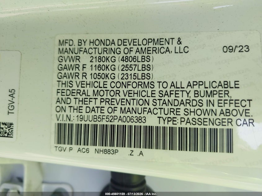 2023 Acura Tlx A-Spec Package VIN: 19UUB5F52PA006383 Lot: 45601159