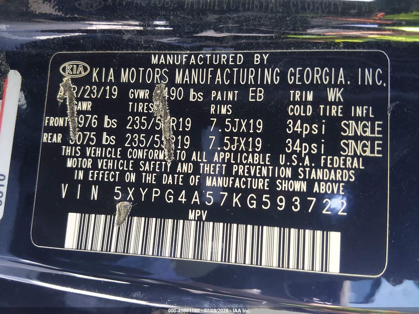 2019 Kia Sorento 3.3L S VIN: 5XYPG4A57KG593722 Lot: 45601160