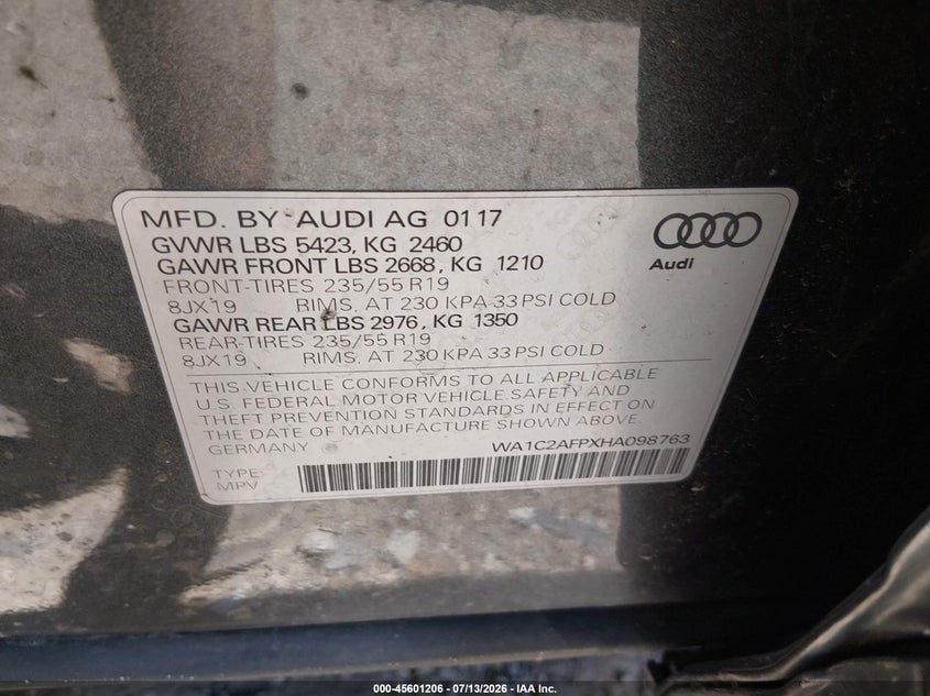 2017 Audi Q5 2.0T Premium VIN: WA1C2AFPXHA098763 Lot: 45601206