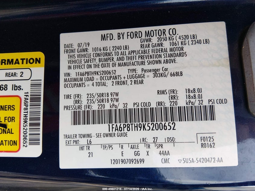 2019 Ford Mustang Ecoboost VIN: 1FA6P8TH9K5200652 Lot: 45601216