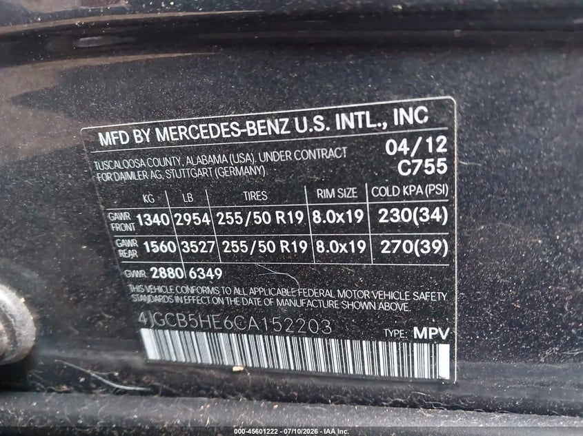 2012 Mercedes-Benz R 350 4Matic VIN: 4JGCB5HE6CA152203 Lot: 45601222