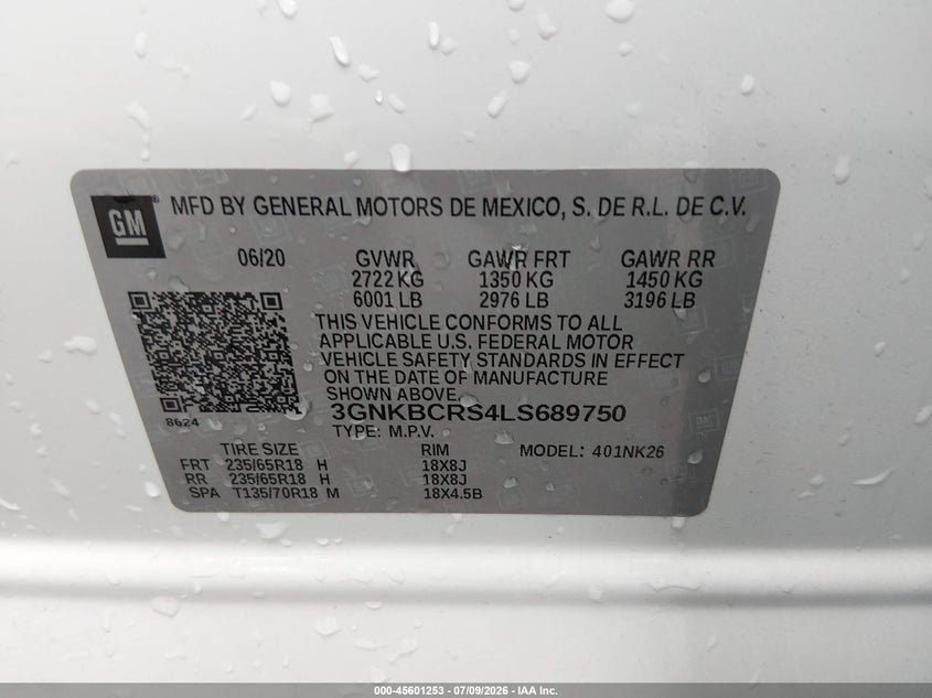 2020 Chevrolet Blazer Fwd 2Lt VIN: 3GNKBCRS4LS689750 Lot: 45601253