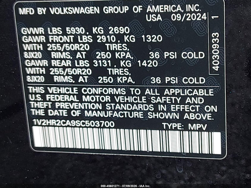 2025 Volkswagen Atlas 2.0T Se W/Technology VIN: 1V2HR2CA9SC503700 Lot: 45601271