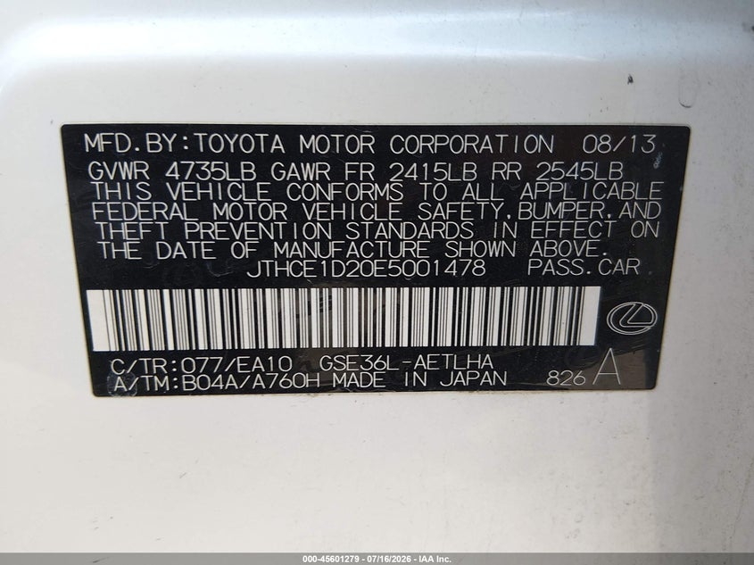 2014 Lexus Is 350 VIN: JTHCE1D20E5001478 Lot: 45601279