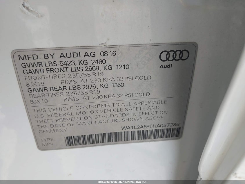 2017 Audi Q5 2.0T Premium VIN: WA1L2AFP5HA037286 Lot: 45601296