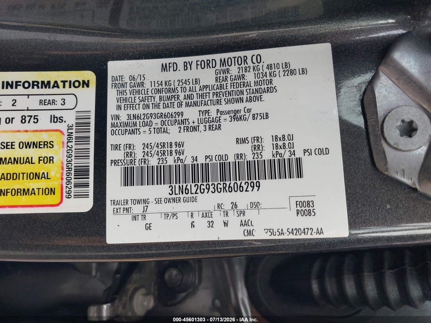 2016 Lincoln Mkz VIN: 3LN6L2G93GR606299 Lot: 45601303