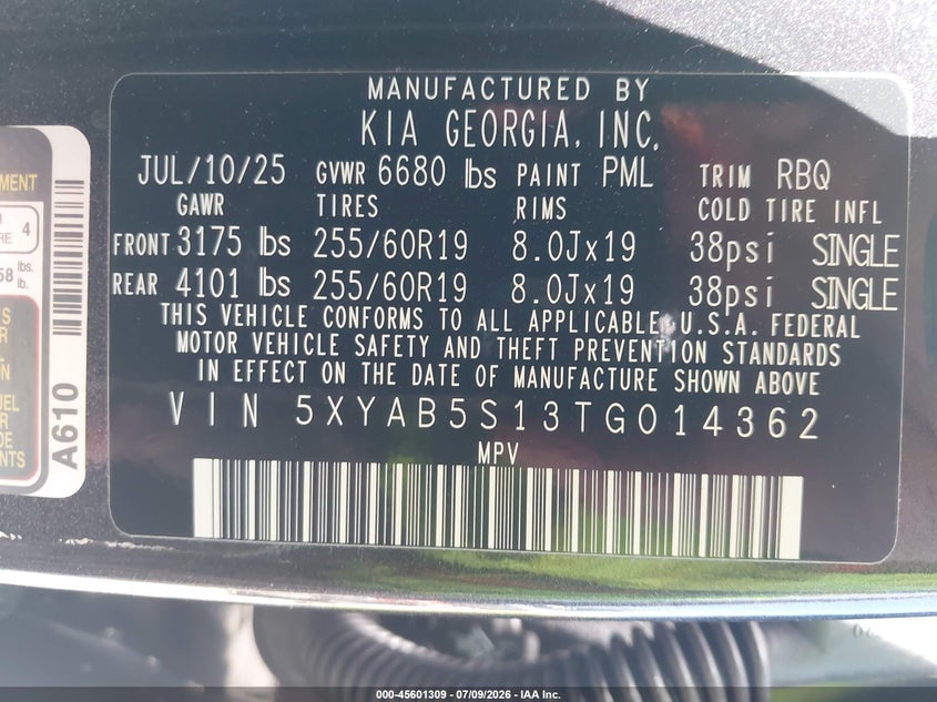 2026 Kia Ev9 Light Long Range VIN: 5XYAB5S13TG014362 Lot: 45601309