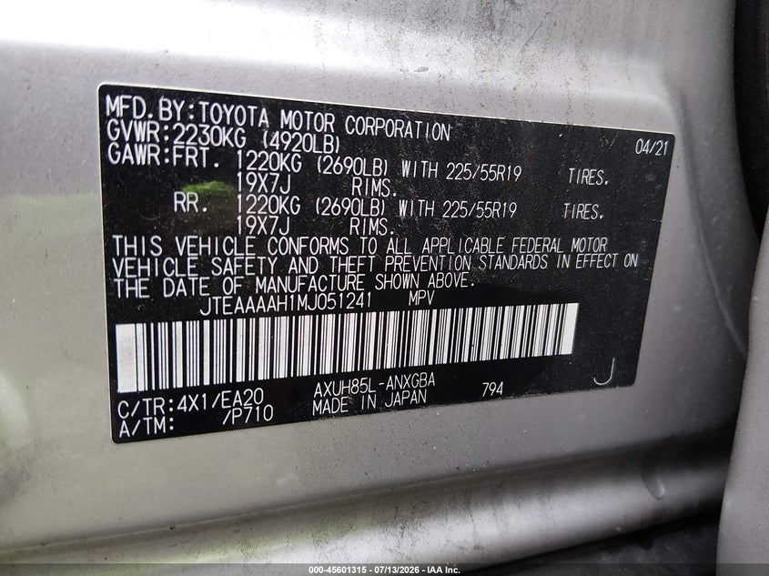 2021 Toyota Venza Xle VIN: JTEAAAAH1MJ051241 Lot: 45601315