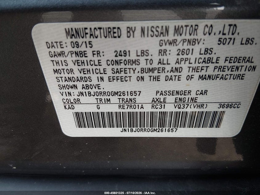 2016 Infiniti Qx50 VIN: JN1BJ0RR0GM261657 Lot: 45601325