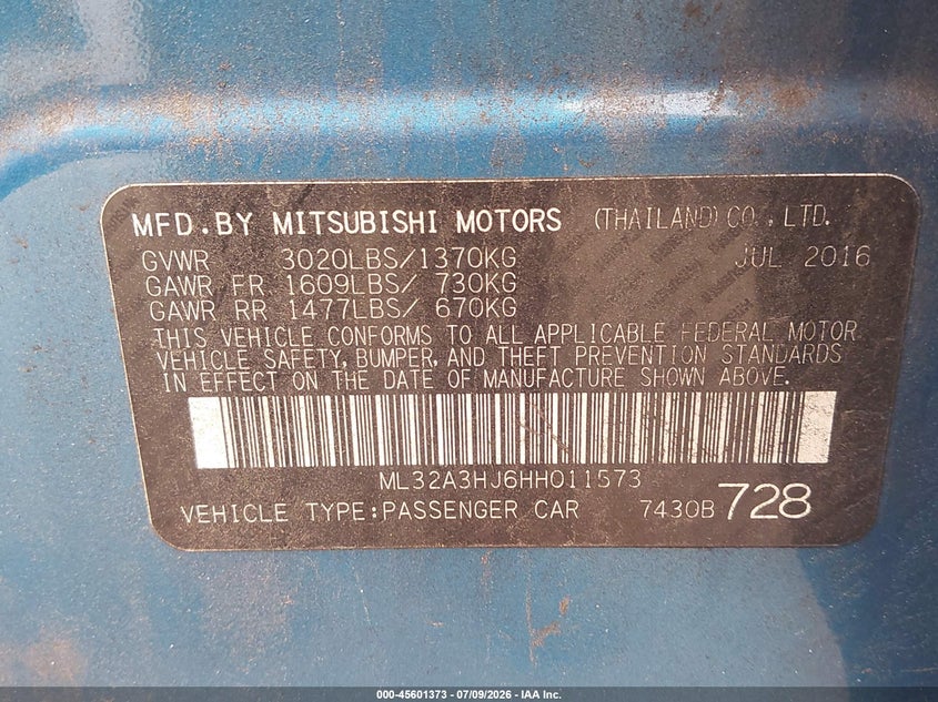 2017 Mitsubishi Mirage Es VIN: ML32A3HJ6HH011573 Lot: 45601373