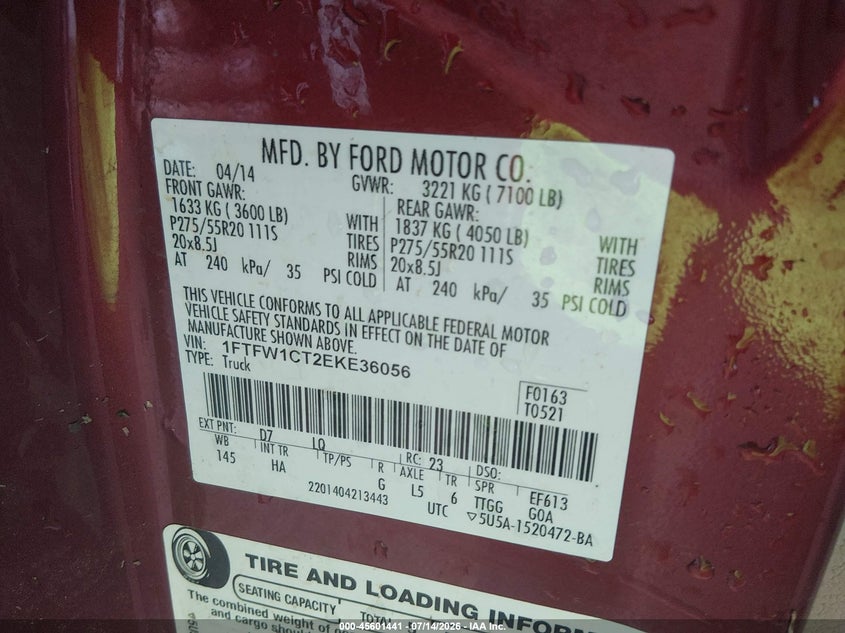 2014 FORD F-150 PICKUP 3.5L V6 FI DOHC 24V NF4