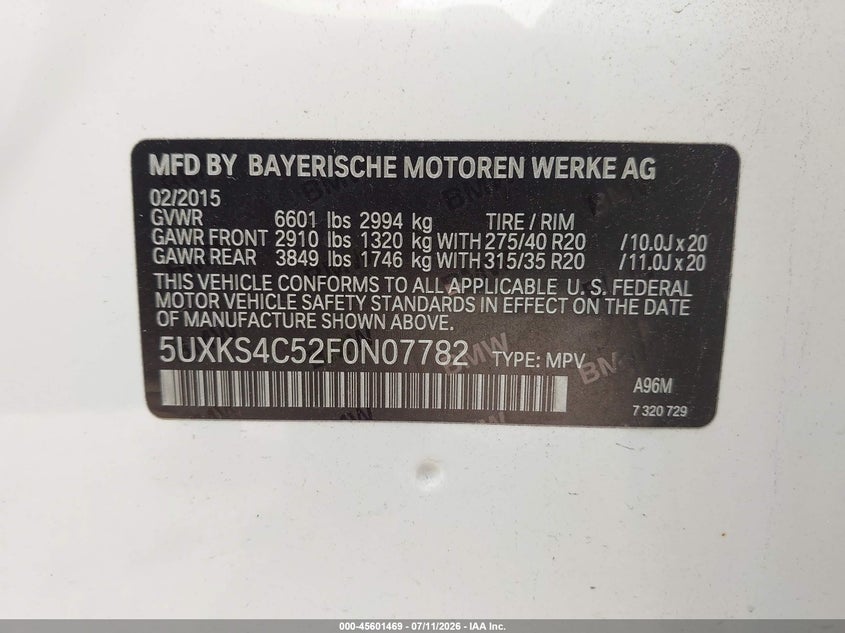 2015 BMW X5 xDrive35D VIN: 5UXKS4C52F0N07782 Lot: 45601469