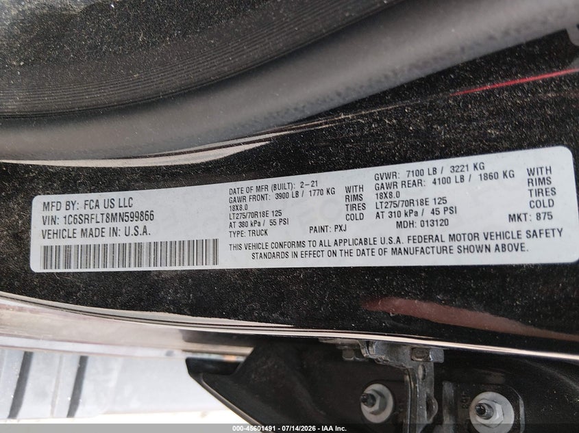 2021 Ram 1500 Rebel 4X4 5'7 Box VIN: 1C6SRFLT8MN599866 Lot: 45601491