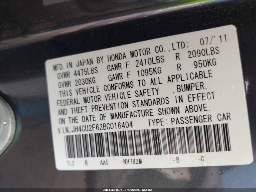 2011 Acura Tsx 2.4 VIN: JH4CU2F62BC016404 Lot: 45601581