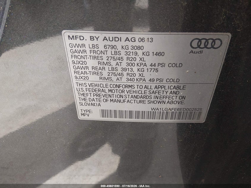2014 Audi Q7 3.0T Premium VIN: WA1LGAFE6ED002525 Lot: 45601590