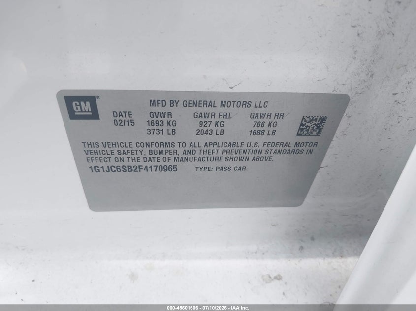 2015 Chevrolet Sonic Lt Auto VIN: 1G1JC6SB2F4170965 Lot: 45601606