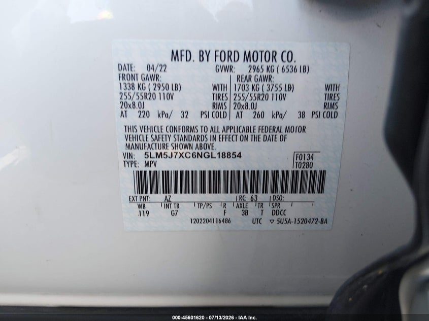 LINCOLN AVIATOR 2022 VIN 5LM5J7XC6NGL18854