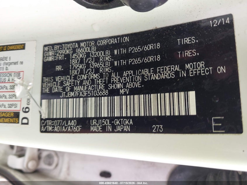 2015 Lexus Gx 460 VIN: JTJBM7FX3F5103688 Lot: 45601648