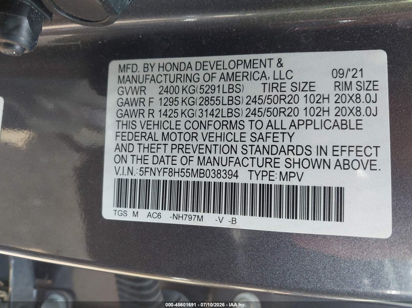 2021 Honda Passport Awd Ex-L VIN: 5FNYF8H55MB038394 Lot: 45601691