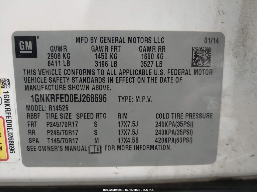 2014 Chevrolet Traverse Ls VIN: 1GNKRFED0EJ268696 Lot: 45601698