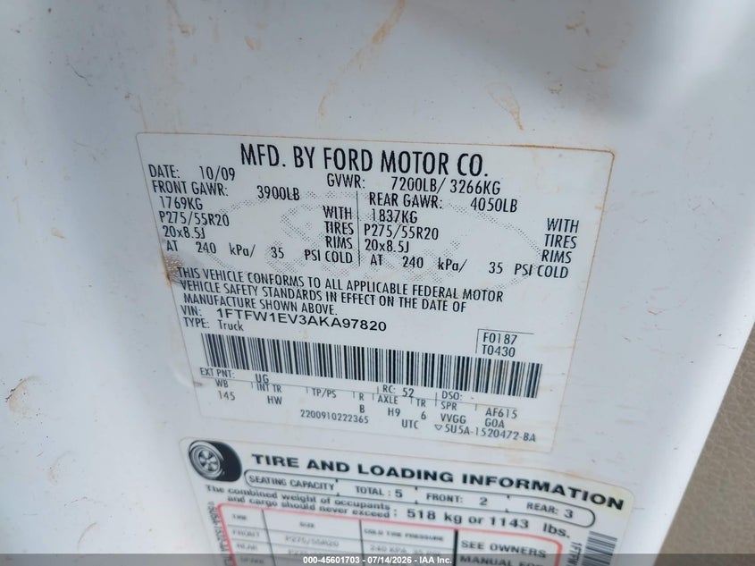 2010 Ford F-150 Fx4/Harley-Davidson/King Ranch/Lariat/Platinum/Xl/Xlt VIN: 1FTFW1EV3AKA97820 Lot: 45601703