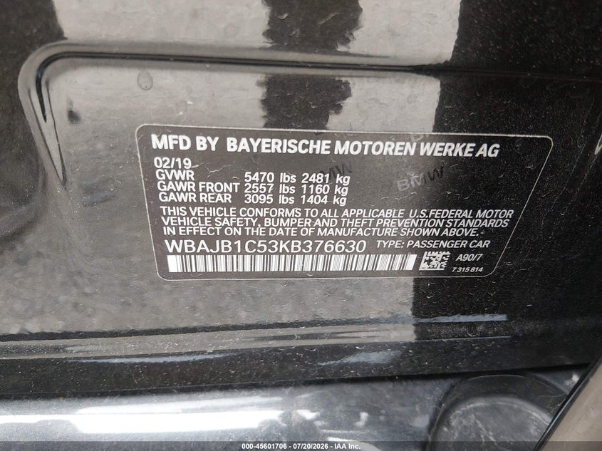 2019 BMW 530E xDrive Iperformance VIN: WBAJB1C53KB376630 Lot: 45601706