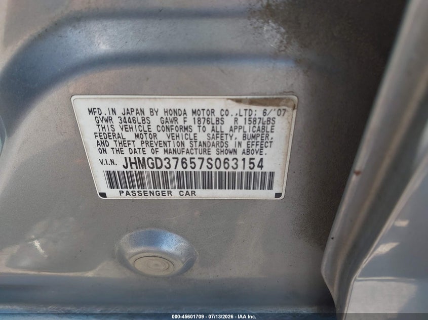 2007 Honda Fit Sport VIN: JHMGD37657S063154 Lot: 45601709