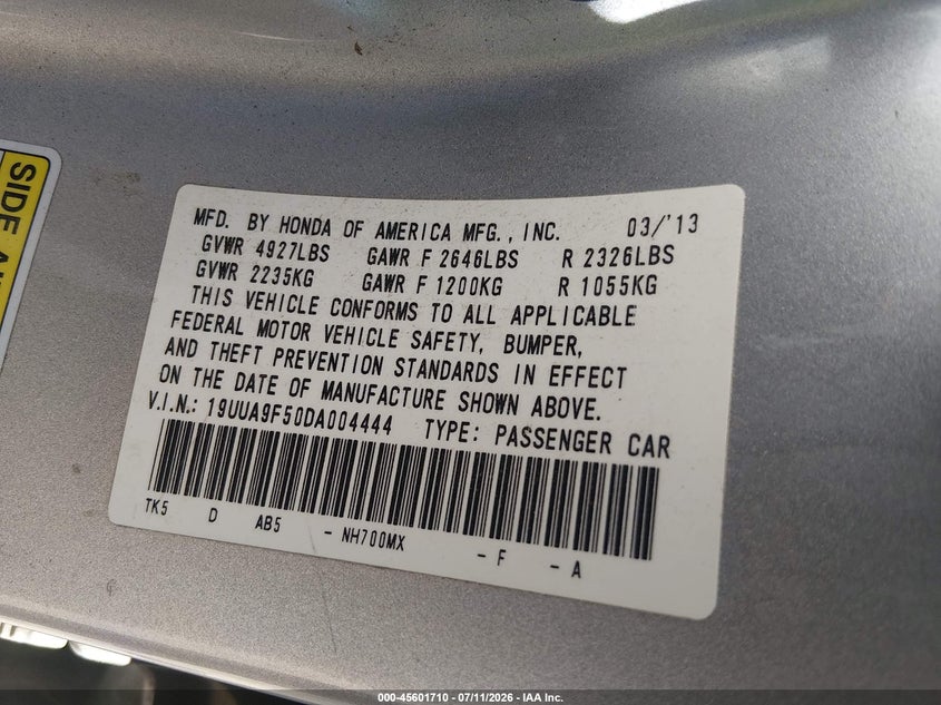 2013 Acura Tl 3.7 VIN: 19UUA9F50DA004444 Lot: 45601710