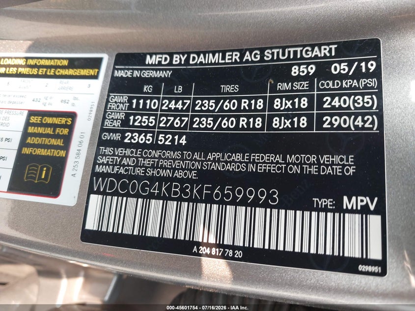 2019 Mercedes-Benz Glc 300 4Matic VIN: WDC0G4KB3KF659993 Lot: 45601754