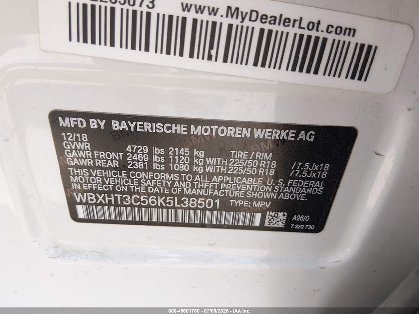 2019 BMW X1 xDrive28I VIN: WBXHT3C56K5L38501 Lot: 45601760