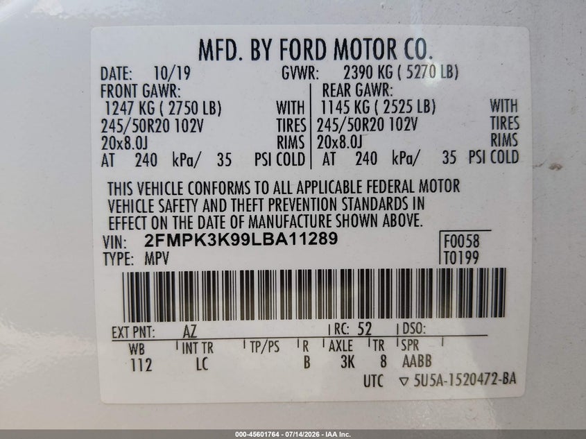2020 Ford Edge Titanium VIN: 2FMPK3K99LBA11289 Lot: 45601764